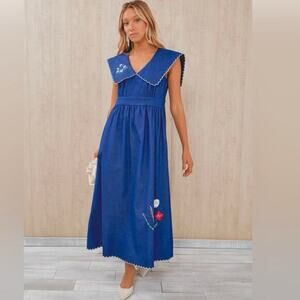 Tuckernuck Chambray Davis Embroidered Maxi Dress, Blue S Small